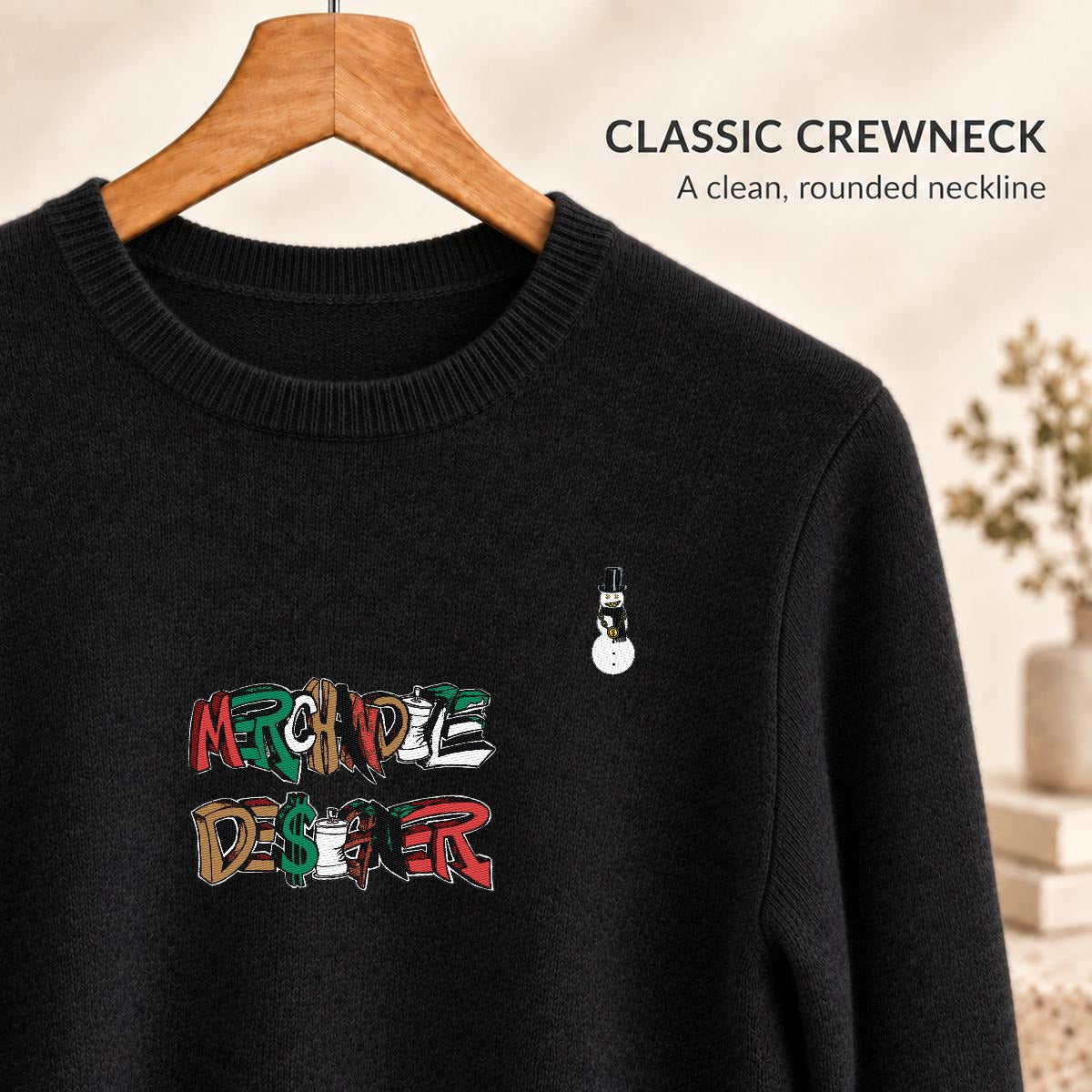 Merchandize Designer Soft Wool-Blend Crewneck Knit Sweater|Embroidery