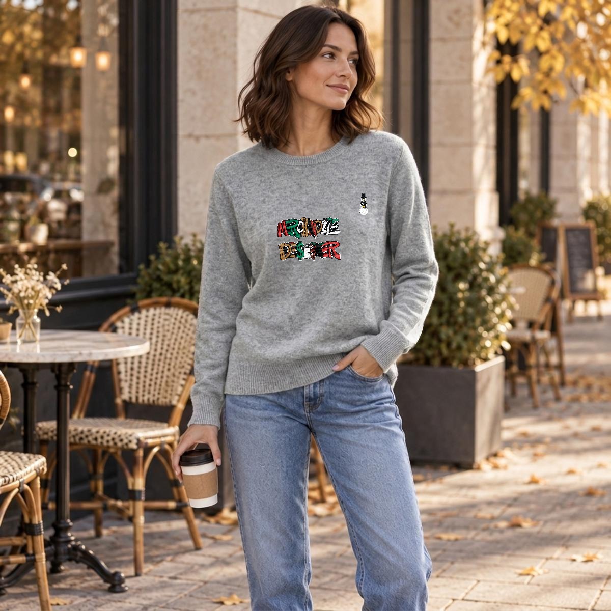 Merchandize Designer Soft Wool-Blend Crewneck Knit Sweater|Embroidery