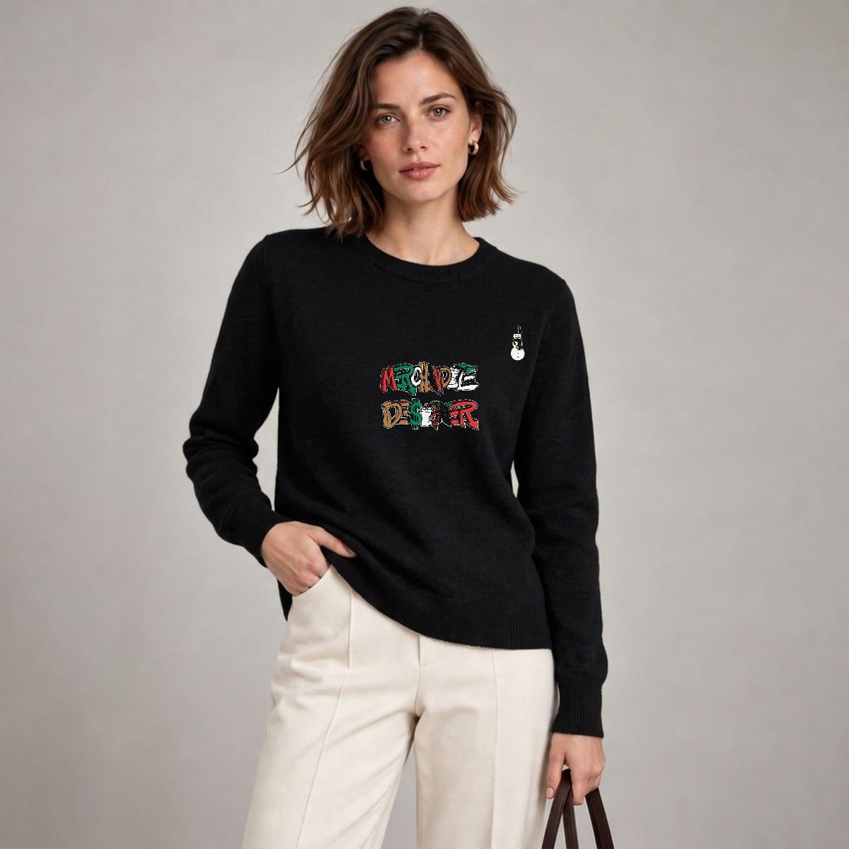 Merchandize Designer Soft Wool-Blend Crewneck Knit Sweater|Embroidery