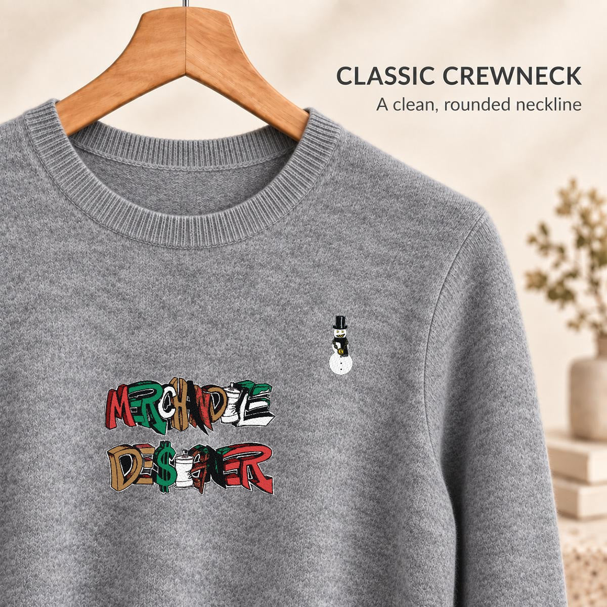 Merchandize Designer Soft Wool-Blend Crewneck Knit Sweater|Embroidery