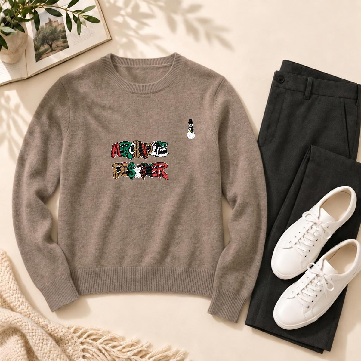 Merchandize Designer Soft Wool-Blend Crewneck Knit Sweater|Embroidery