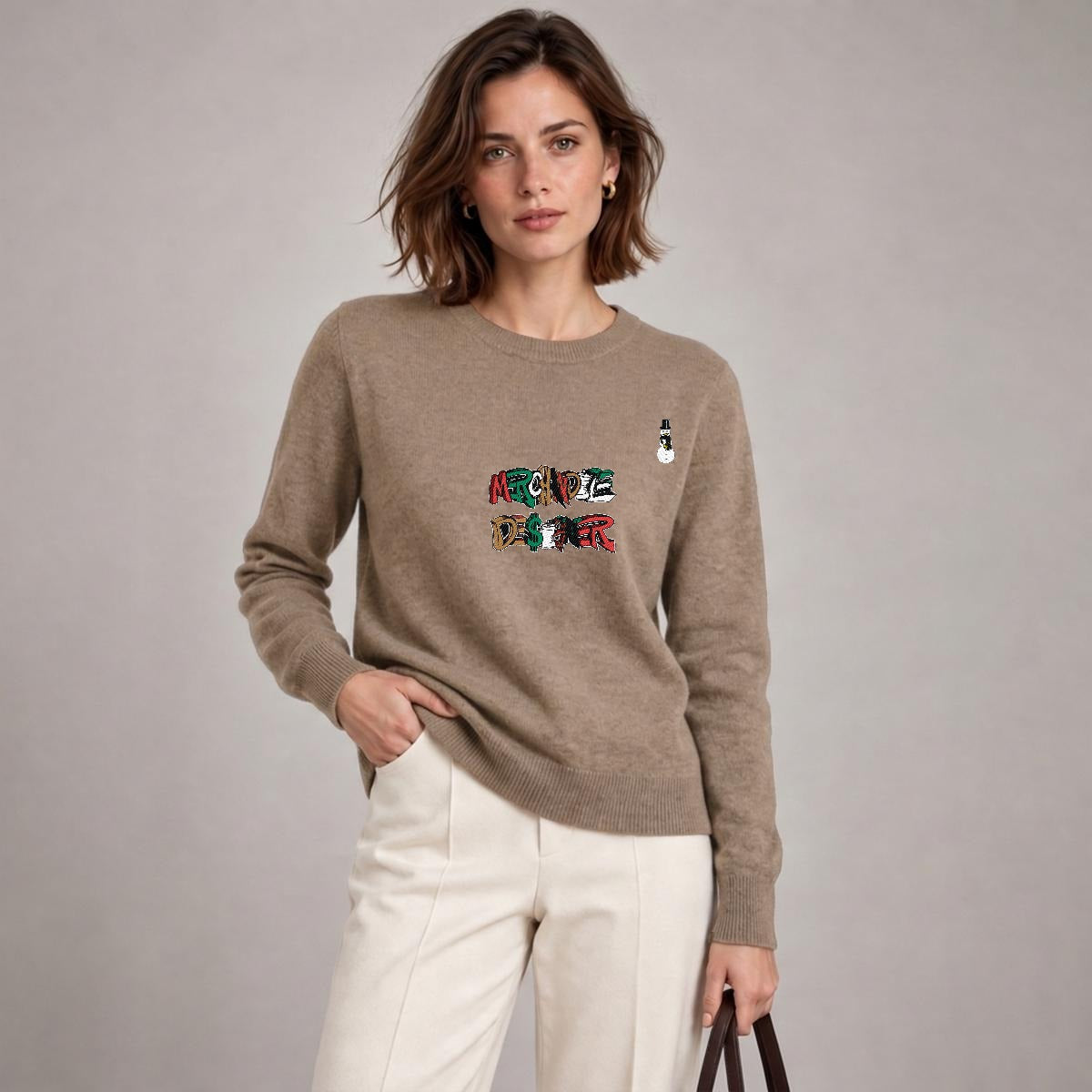 Merchandize Designer Soft Wool-Blend Crewneck Knit Sweater|Embroidery