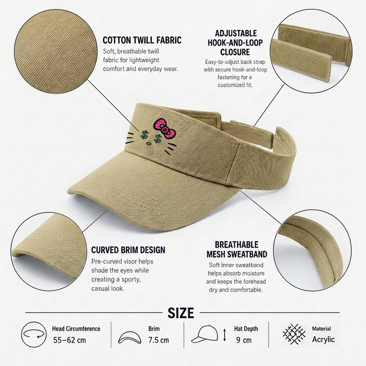 Embroidery Cash Kitty Designer-Top Visor