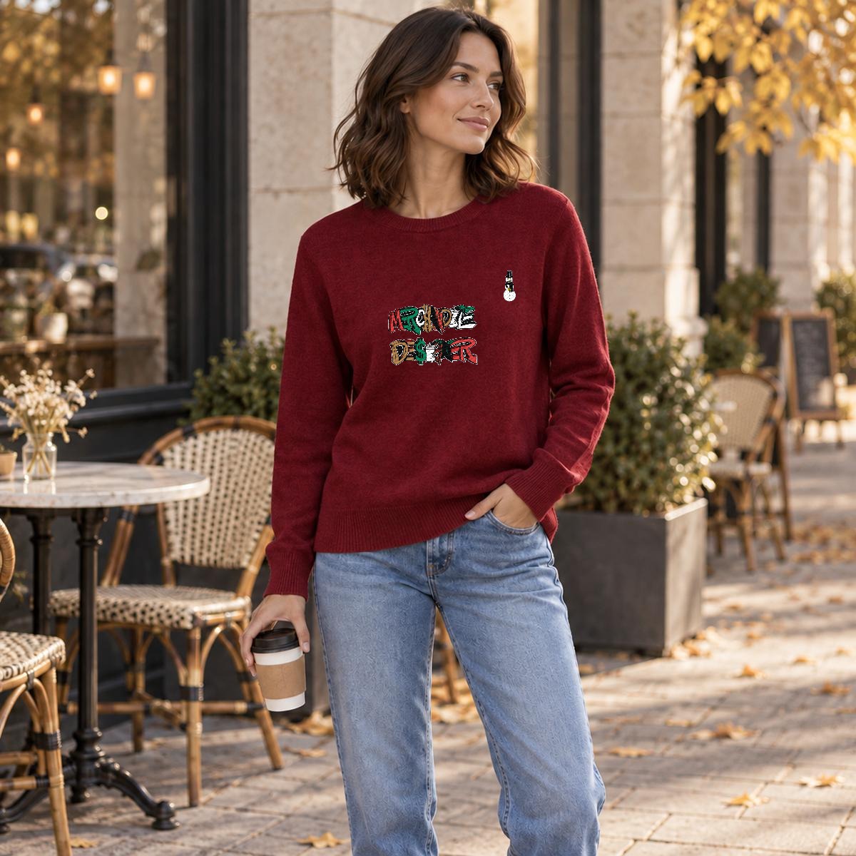 Merchandize Designer Soft Wool-Blend Crewneck Knit Sweater|Embroidery