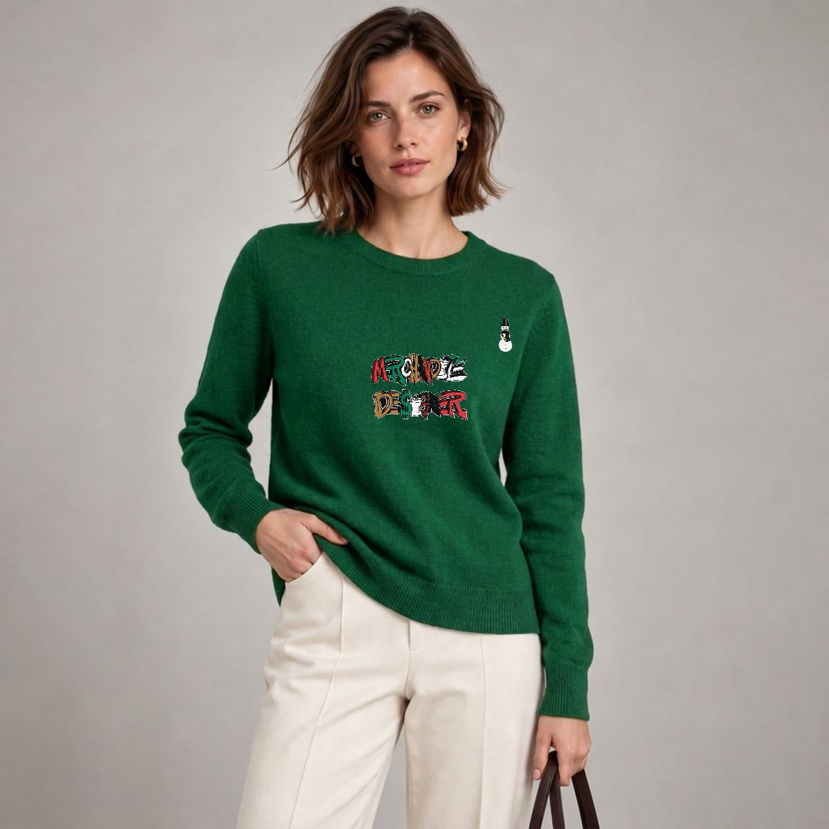 Merchandize Designer Soft Wool-Blend Crewneck Knit Sweater|Embroidery