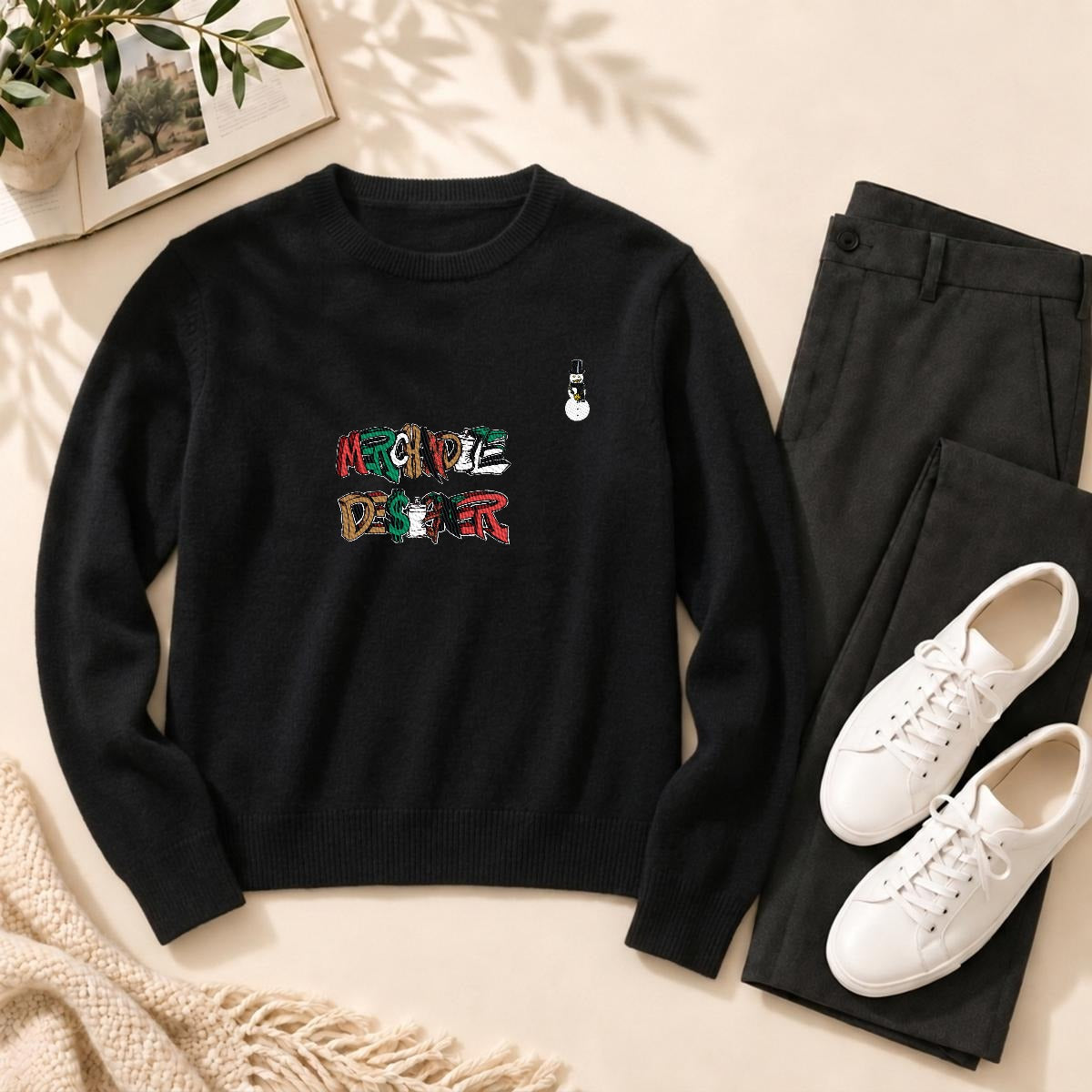 Merchandize Designer Soft Wool-Blend Crewneck Knit Sweater|Embroidery