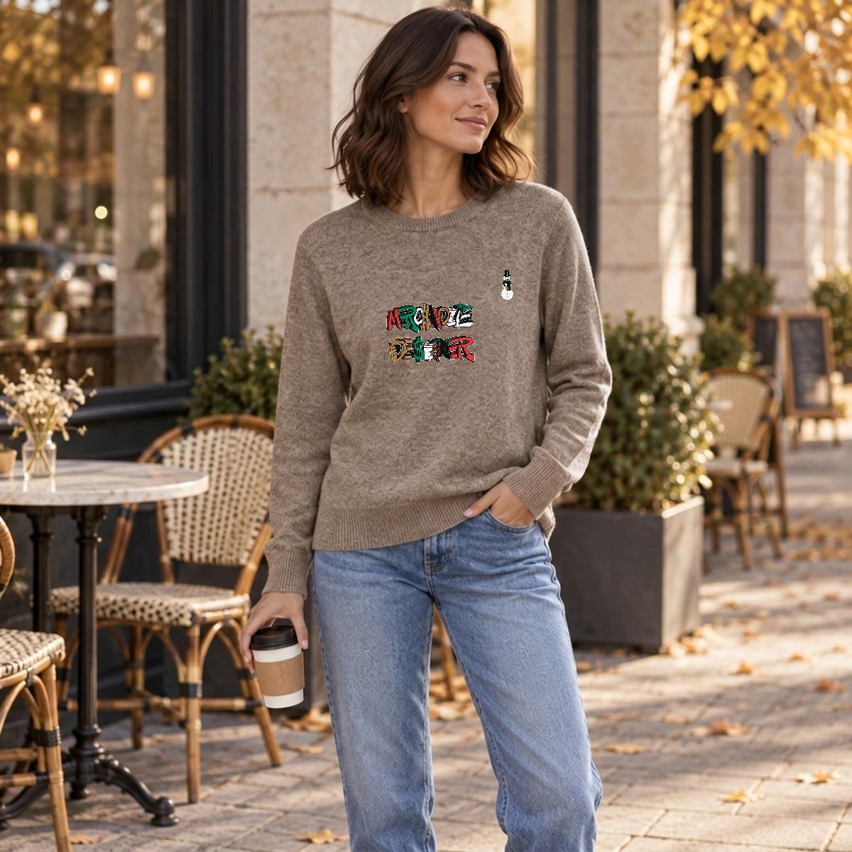 Merchandize Designer Soft Wool-Blend Crewneck Knit Sweater|Embroidery