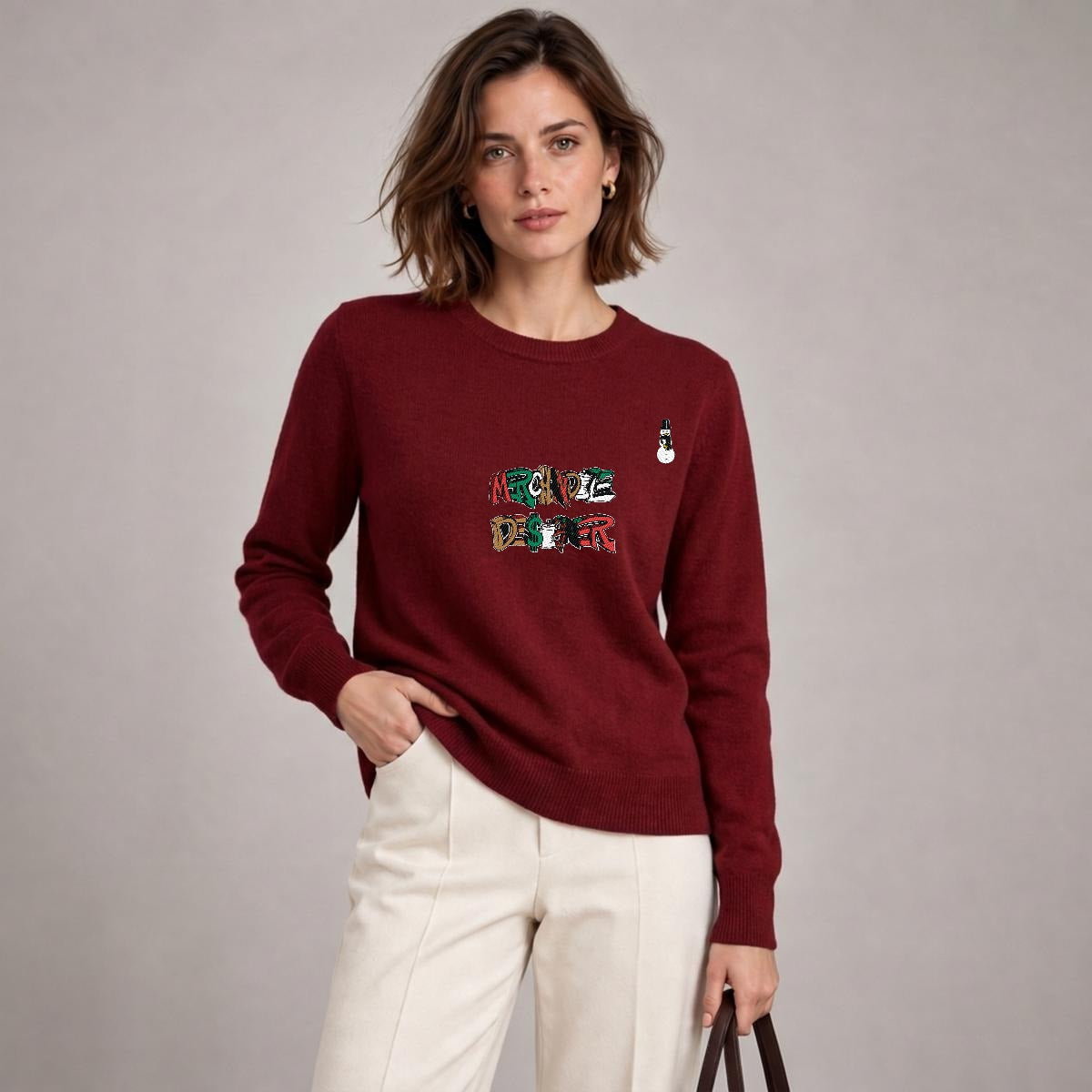 Merchandize Designer Soft Wool-Blend Crewneck Knit Sweater|Embroidery