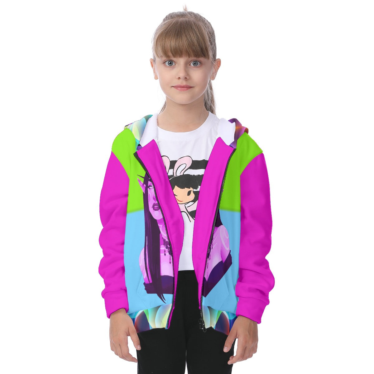 Green Pink Blu Hoodie By: Miangel Young kids  merchandize designer online fashion merchandize fashion