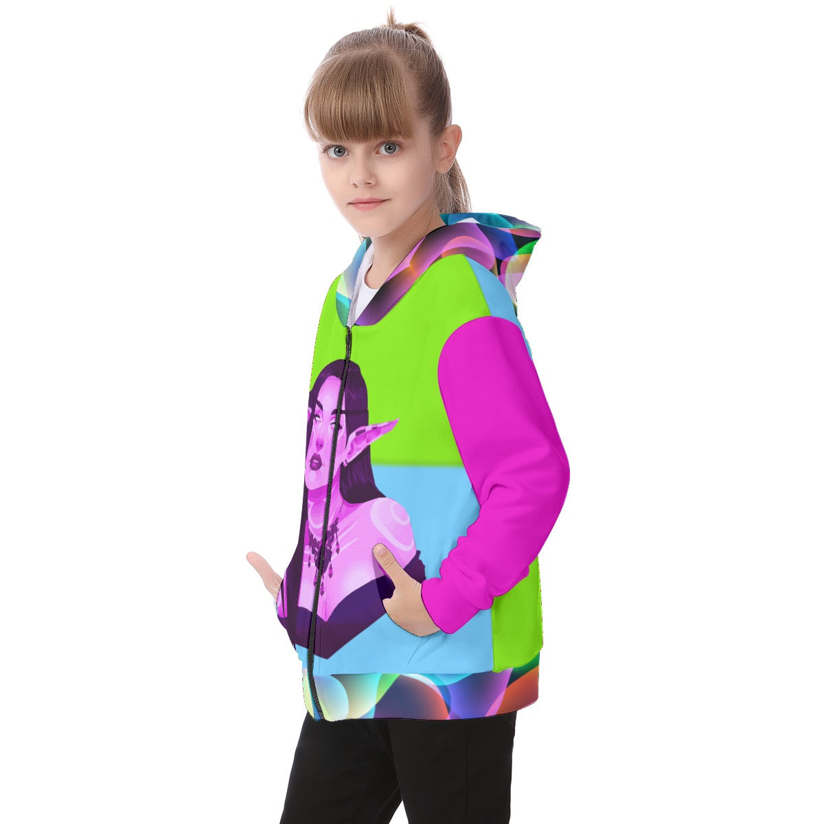 Green Pink Blu Hoodie By: Miangel Young kids  merchandize designer online fashion merchandize fashion